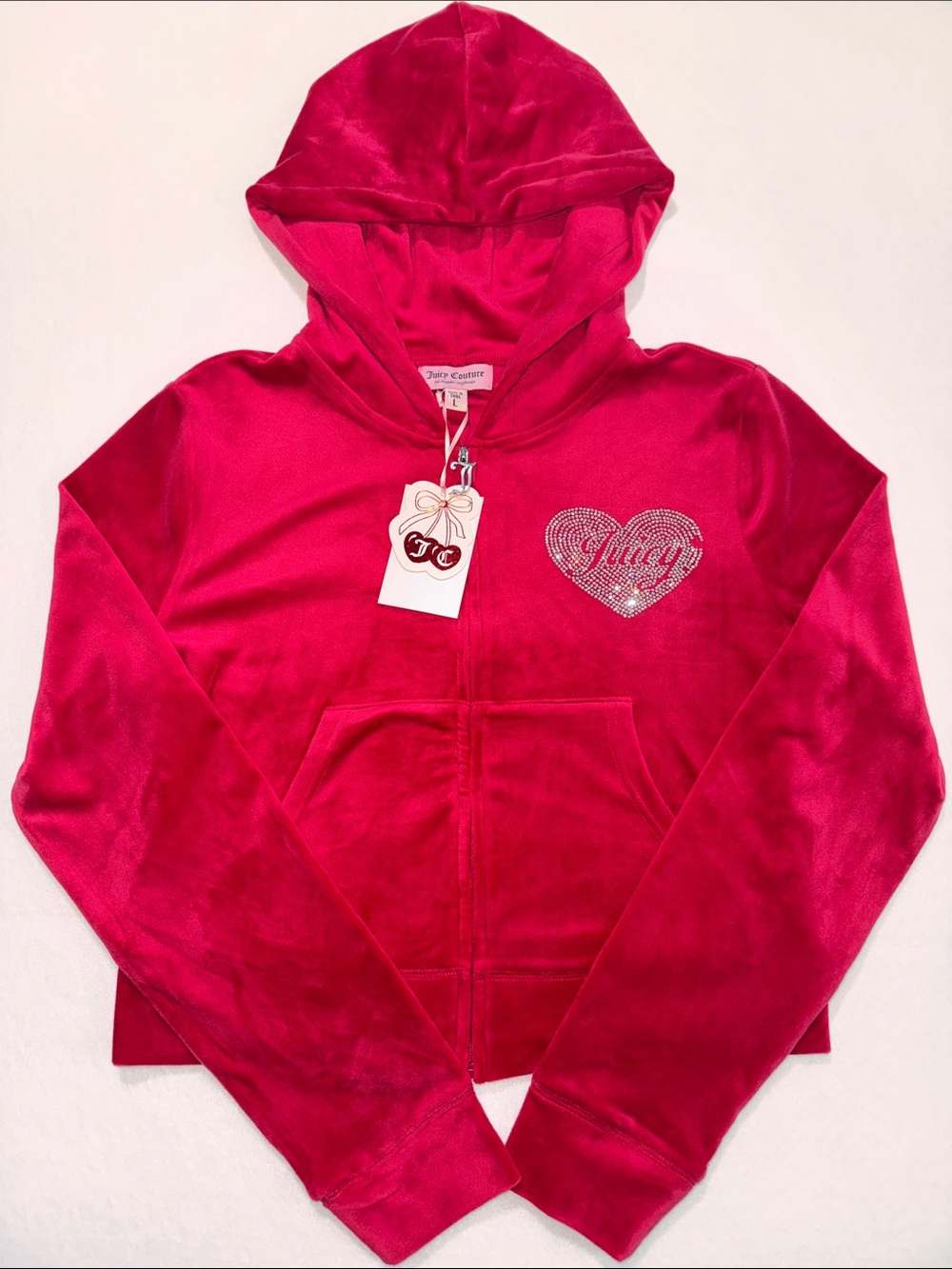 Juicy Couture Y2K Velour Rhinestone Heart Zip Hoodie NWT Large